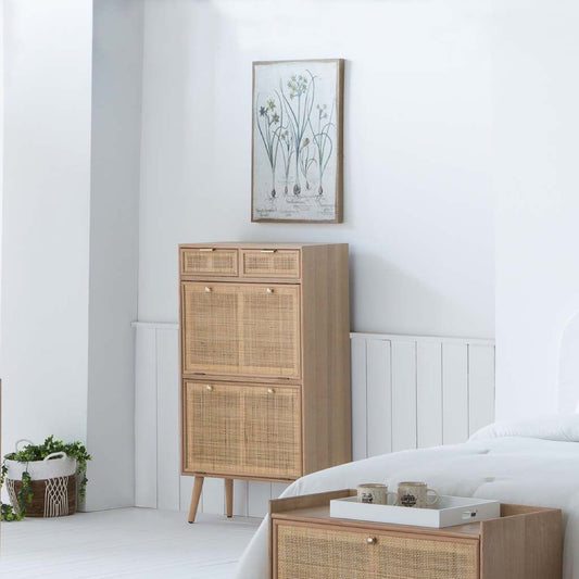 Zapatero de Madera de Rejilla y Ratán Dorado - "Trento"