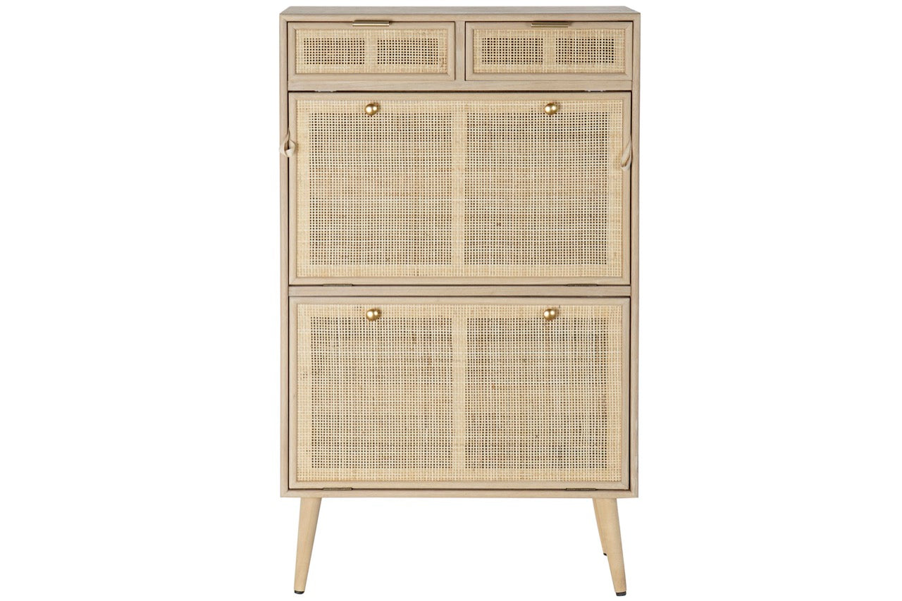 Zapatero de Madera de Rejilla y Ratán Dorado - "Trento"
