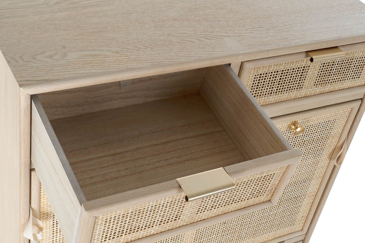 Zapatero de Madera de Rejilla y Ratán Dorado - "Trento"
