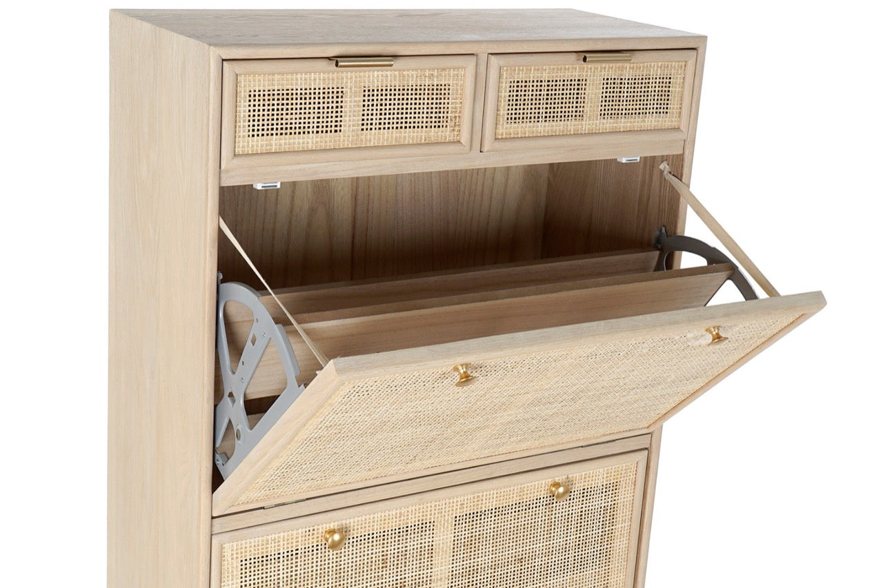 Zapatero de Madera de Rejilla y Ratán Dorado - "Trento"