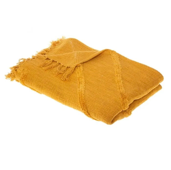 Manta / Plaid de Algodón con Flecos Mostaza - "INCA"