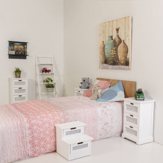 Taburete Blanco / Escalera Con Cajones de Madera y Ratan - “IVI”