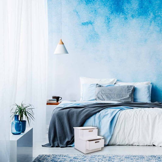 Taburete Blanco / Escalera con Cajones de Madera Natural - “IVI”