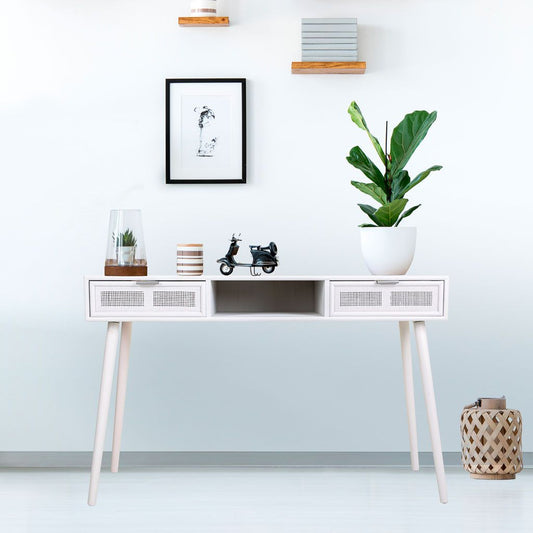 Consola de Madera Blanca de Ratán y Rejilla - “Trento”