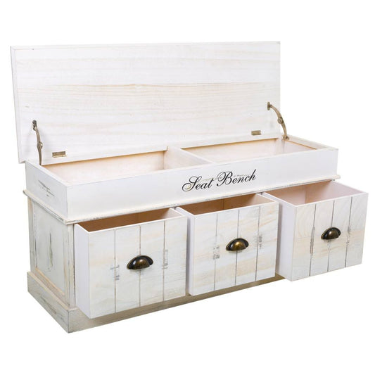Banco Blanco Desgastado de Madera con 3 Cajones - "IVI"