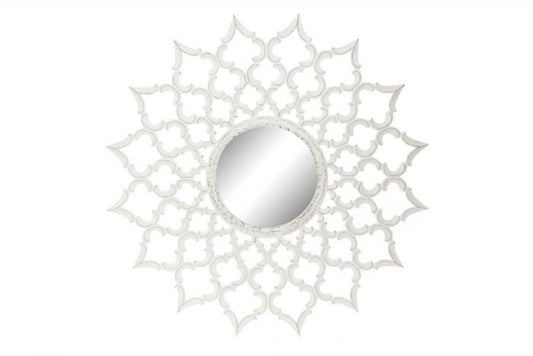 Espejo de Madera Tallada - "Mandala" Blanco Decape - Ø120CM