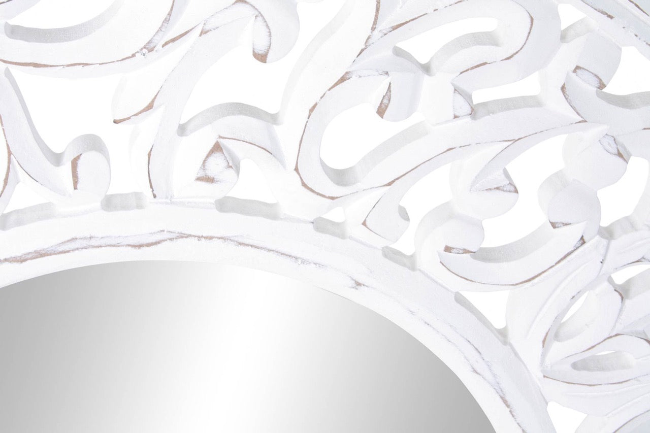 Espejo de Madera Tallada Blanco Decape - "Ritual" - Ø90CM