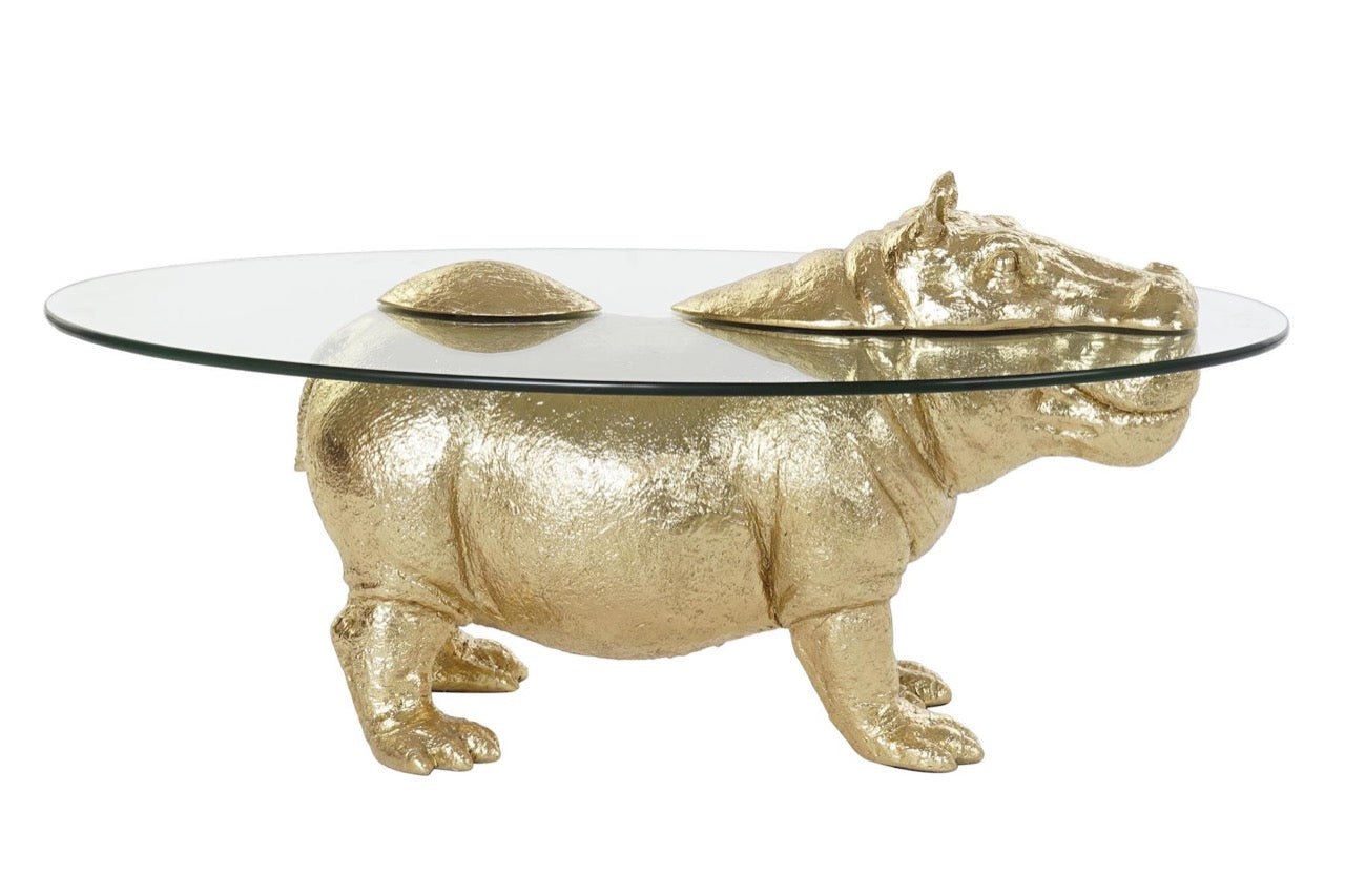 Mesa Auxiliar de Cristal - "Hipopótamo Dorado"
