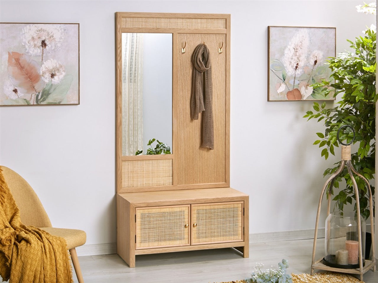 Recibidor Banco de Madera de Ratán y Rejilla - "Trento"