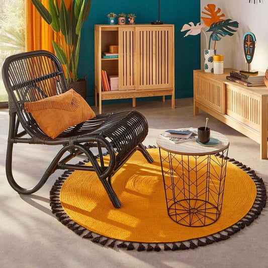 Alfombra Mostaza con Pompones - Ø120cm-ivvidek