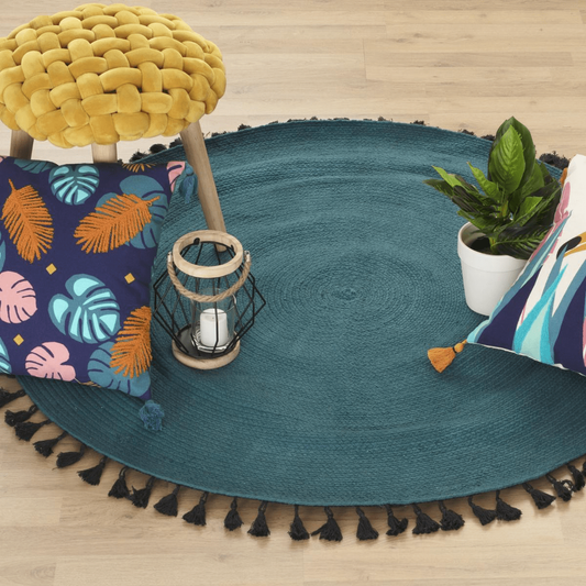Alfombra Verde-Azul con Pompones - Ø120cm-ivvidek
