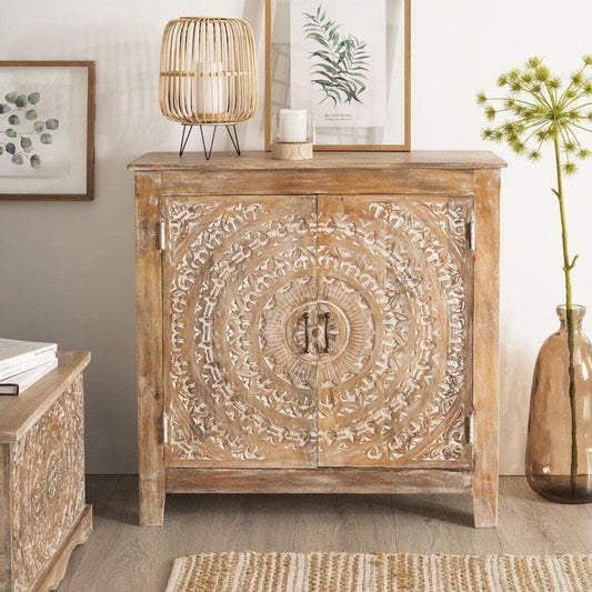 Aparador Tallado de Madera de Mango "Shirel” - 90x40x90cm-ivvidek