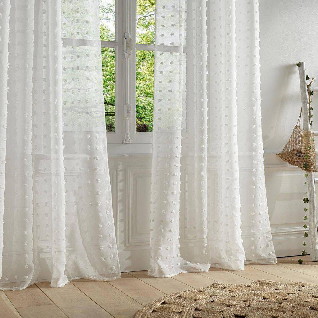 Cortina semitransparente de lino con borlas, cortina blanca