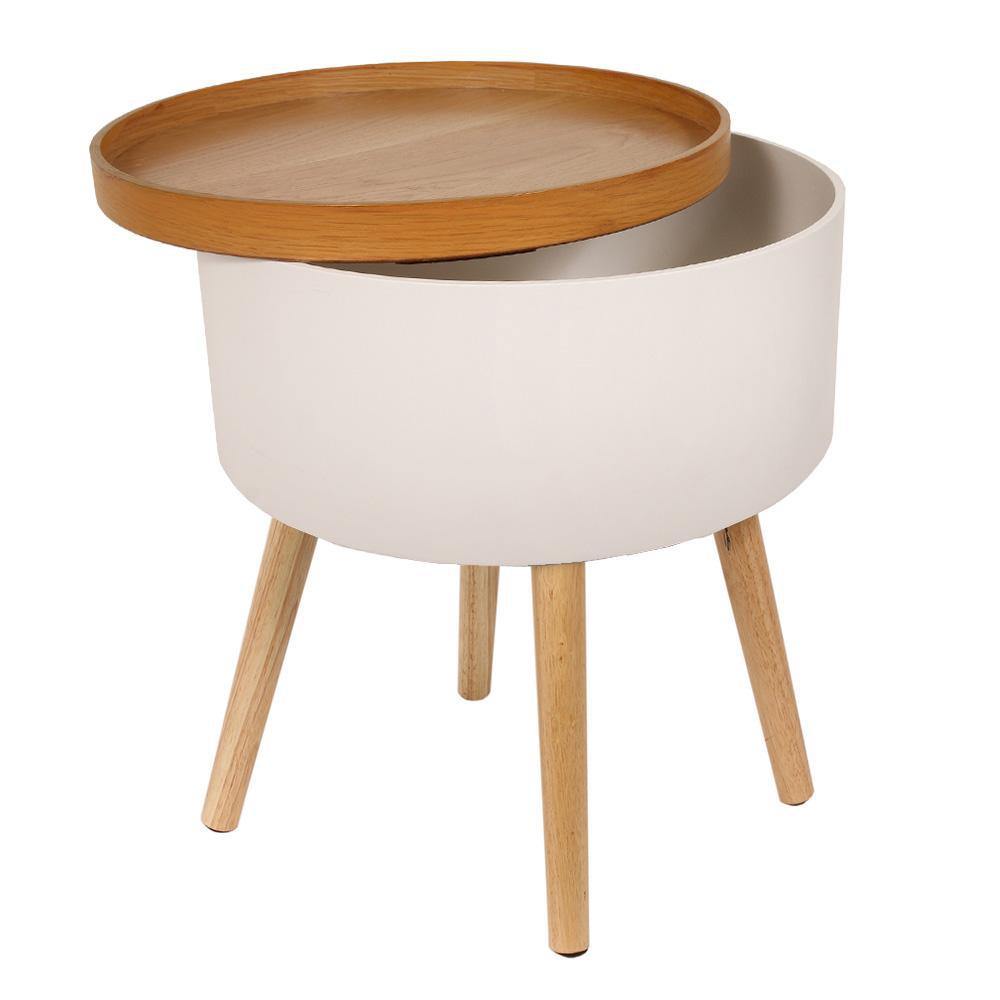 Mesa Auxiliar Blanca Almacenaje con Bandeja de Madera-ivvidek