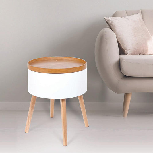 Mesa Auxiliar Blanca Almacenaje con Bandeja de Madera-ivvidek