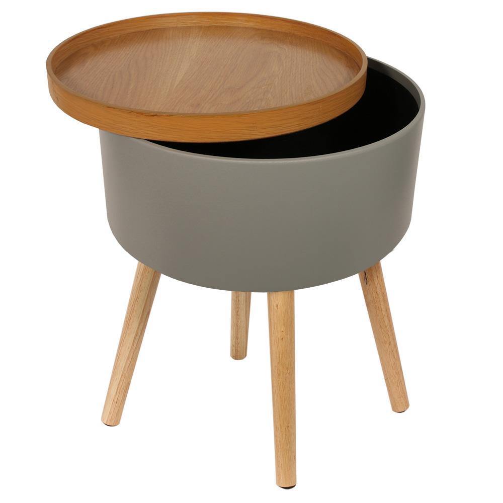 Mesa Auxiliar Gris Almacenaje con Bandeja de Madera-ivvidek