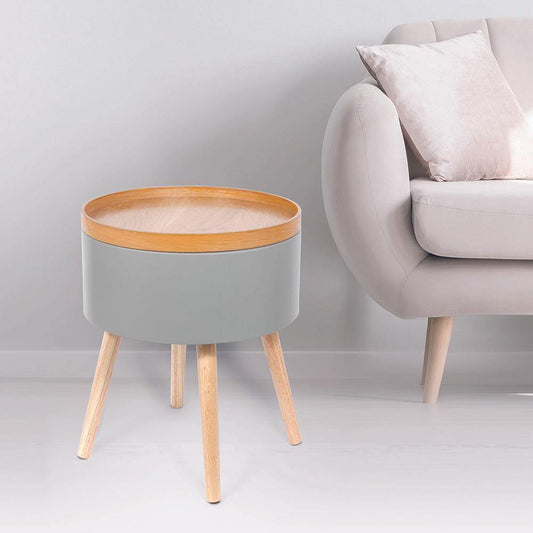 Mesa Auxiliar Gris Almacenaje con Bandeja de Madera-ivvidek