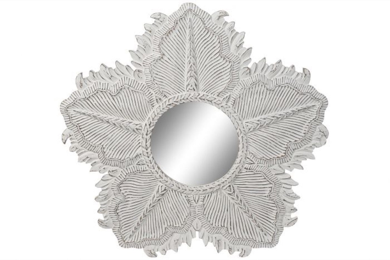 Espejo de Madera Tallada Blanco Decape - "Mandala"- Ø112CM