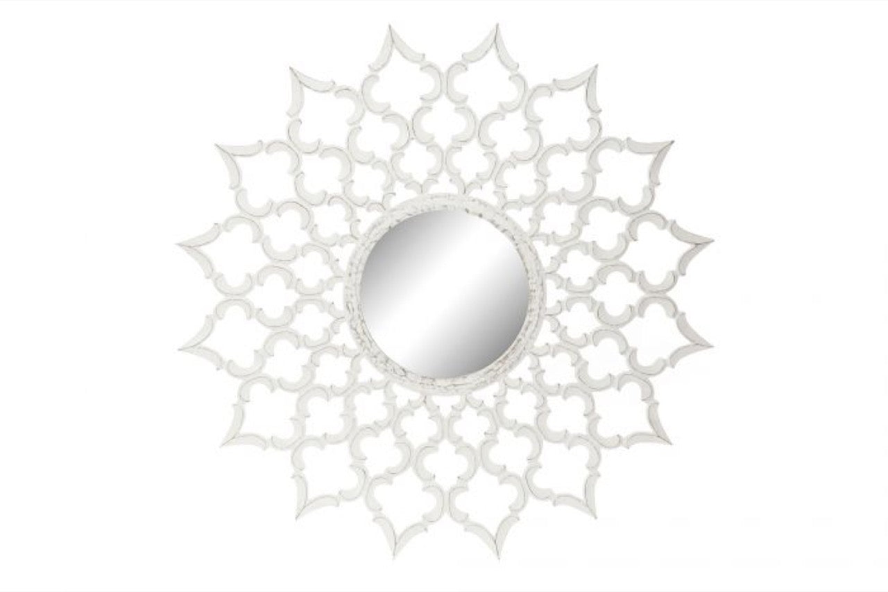 Espejo de Madera Tallada - "Mandala" Blanco Decape - Ø120CM