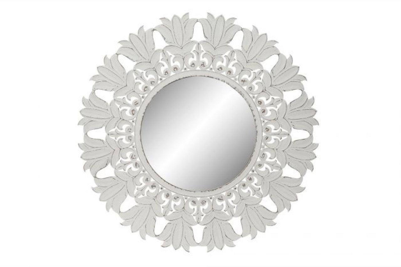 Espejo de Madera Tallada - "Mandala" Blanco Decape - Ø121CM