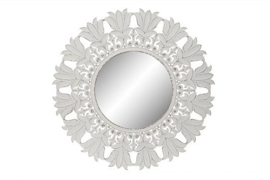 Espejo de Madera Tallada - "Mandala" Blanco Decape - Ø121CM